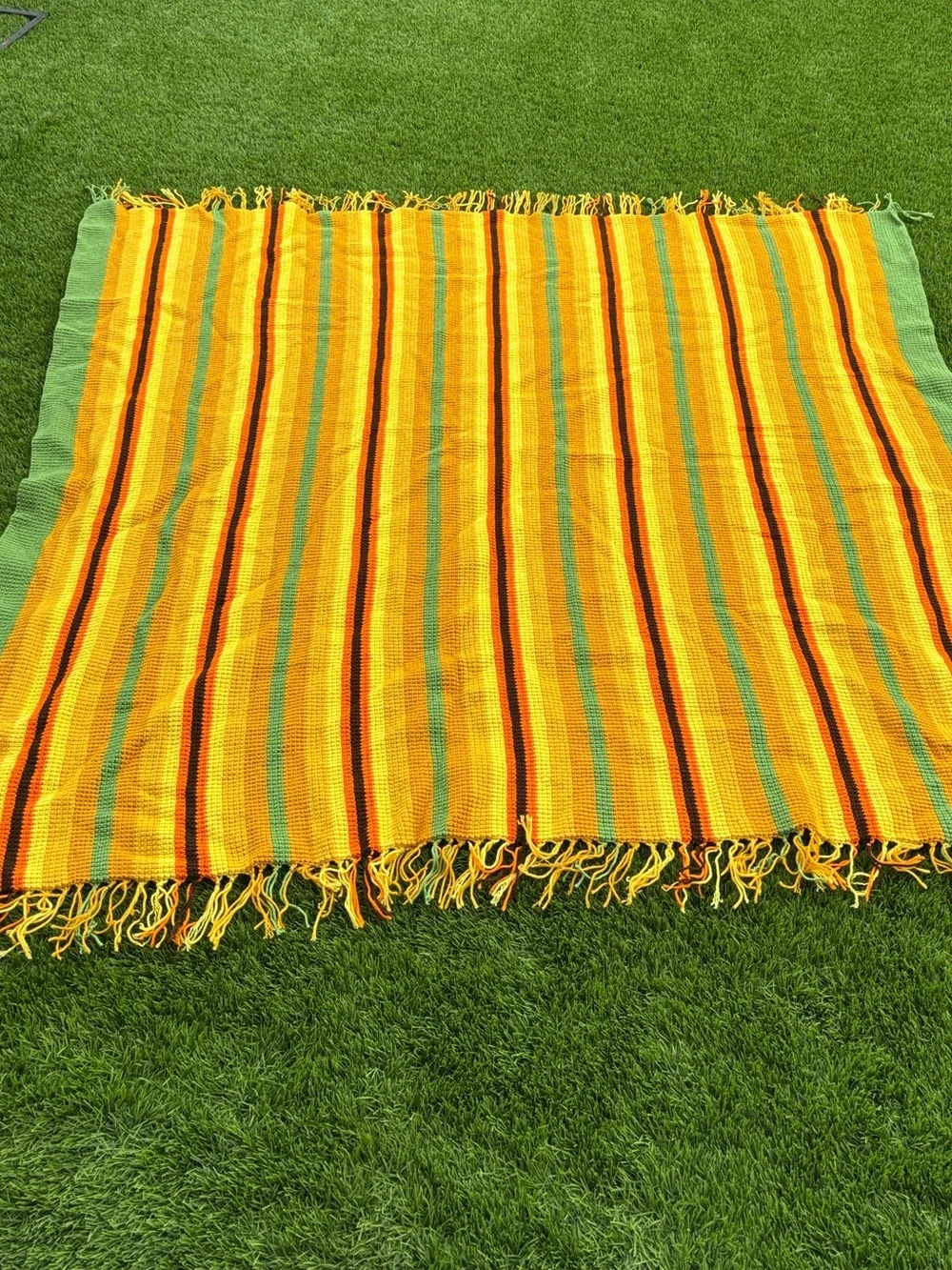 Handmade Striped retro Crochet Throw in Yellow, Green & Orange 80x70